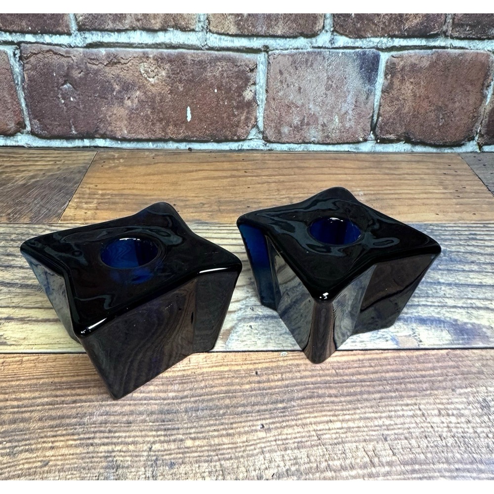Viking Glass Bluenique Cobalt Blue ASTRA Four-Pointed Candle Holder Pair Set MCM